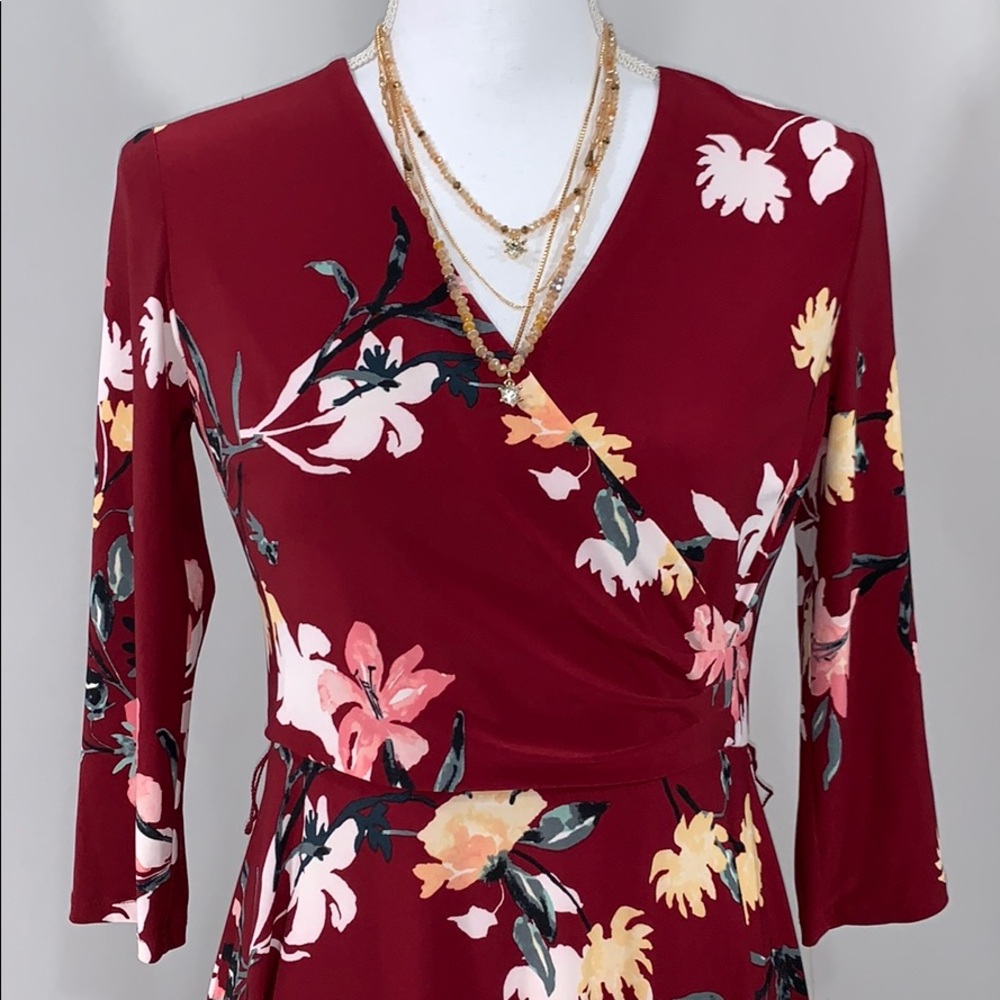 6P Vibrant Garnet & Pink Floral Tie-Waist Midi Dr